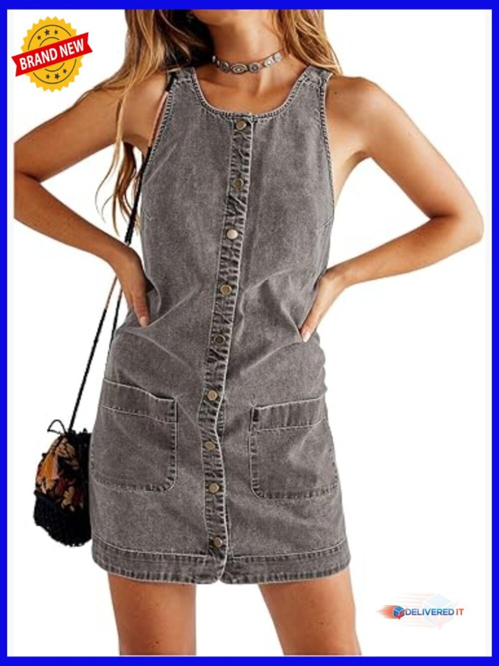 Sleeveless Denim Overalls Dress with Pockets, Backless Square Neck Romper